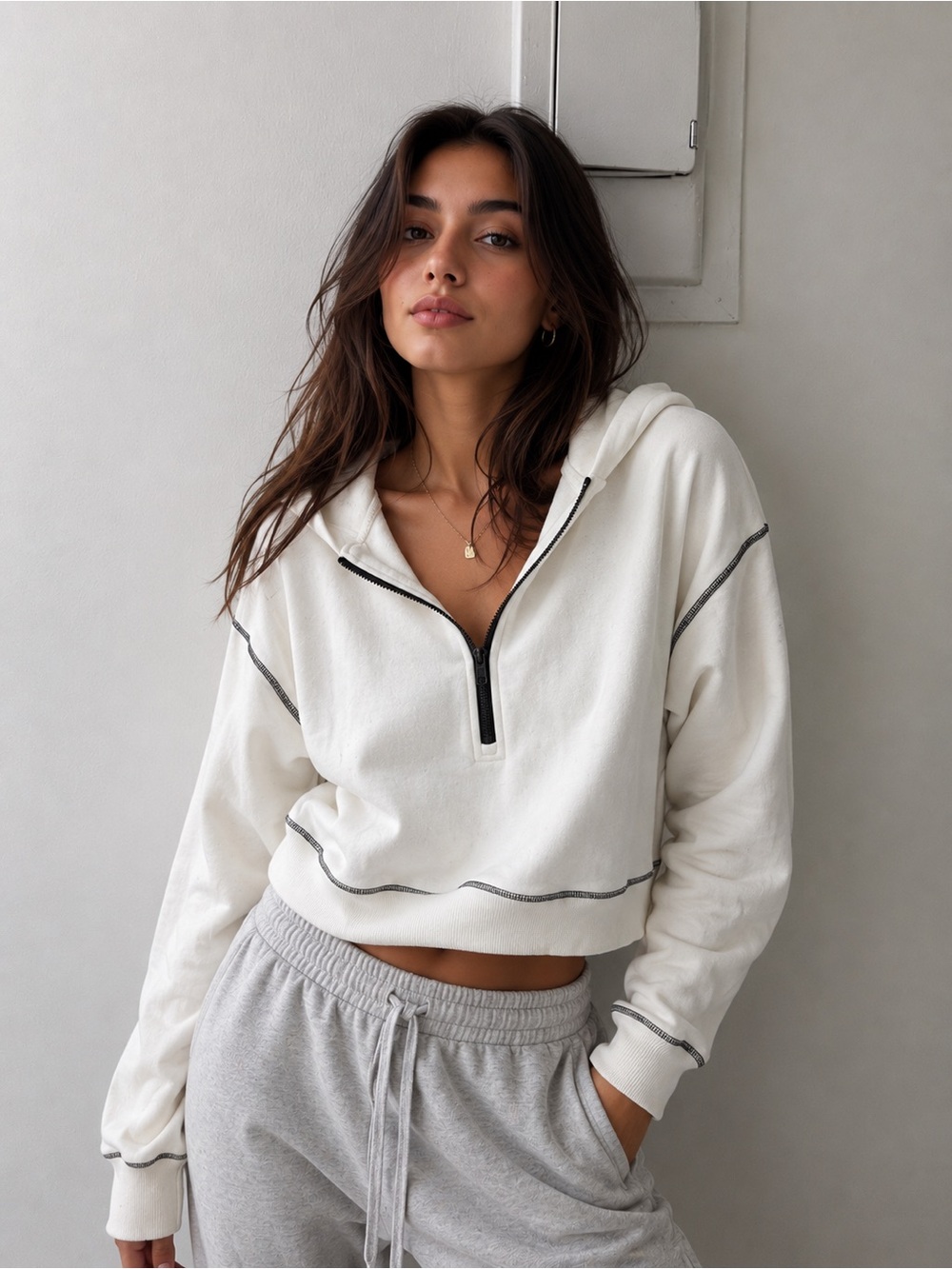 PrettyGarden White Fleece Half Zip Pullover Sweatshirt 🤍